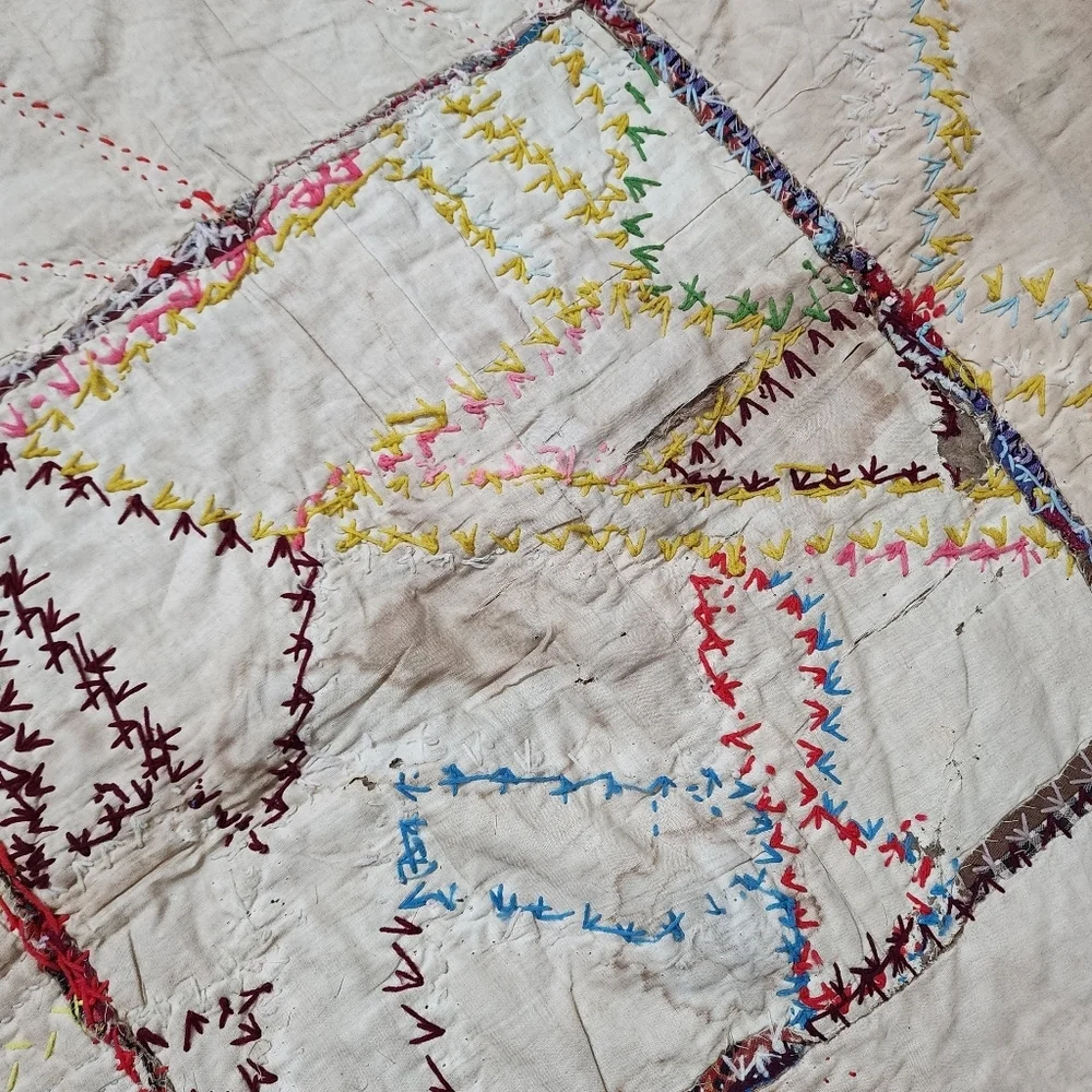 ANTIQUE Crazy Quilt top hand swen cotton quilt top to‎ be finished 65in x 65in
